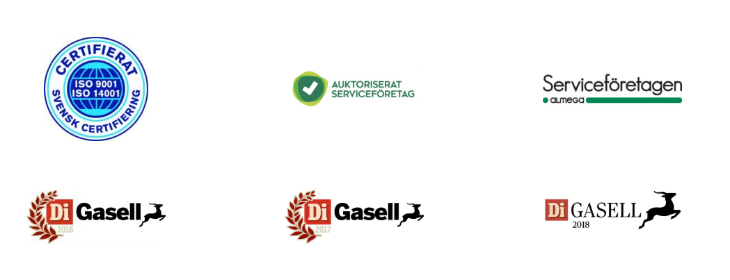 Miljöpalatset certifieringar: ISO 9001, ISO 14001, Auktoriserat Serviceföretag, Almega Serviceföretagen, Di Gasell 2016, 2017, 2018