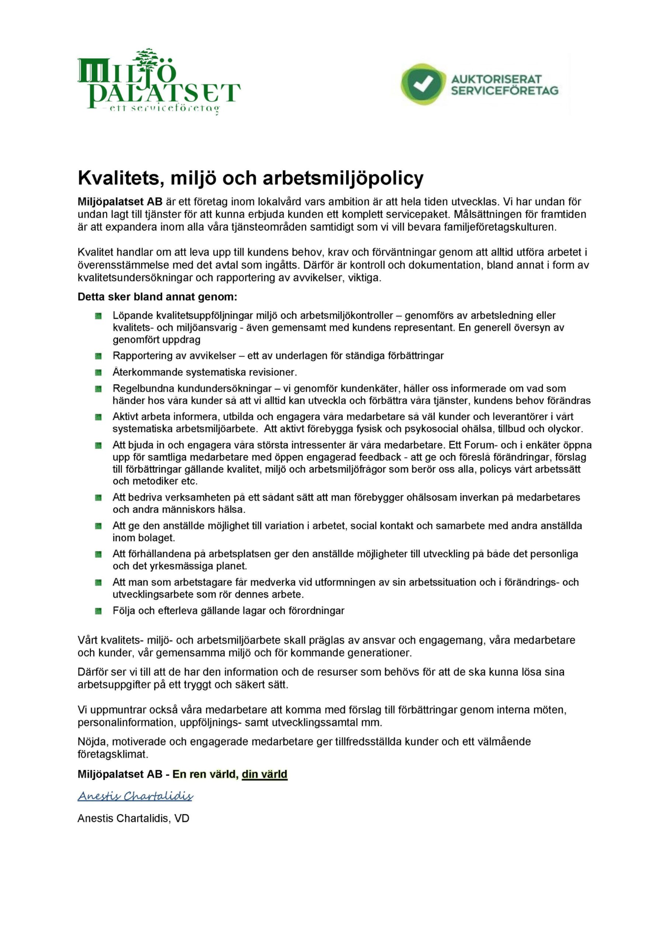Miljöpalatset kvalitets-, miljö- och arbetsmiljöpolicy